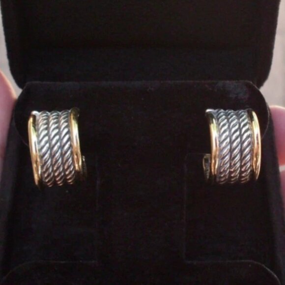 Rare & Retired David Yurman Origami Hoop Earrings - 18K/925 - DY Backs - Picture 3 of 8